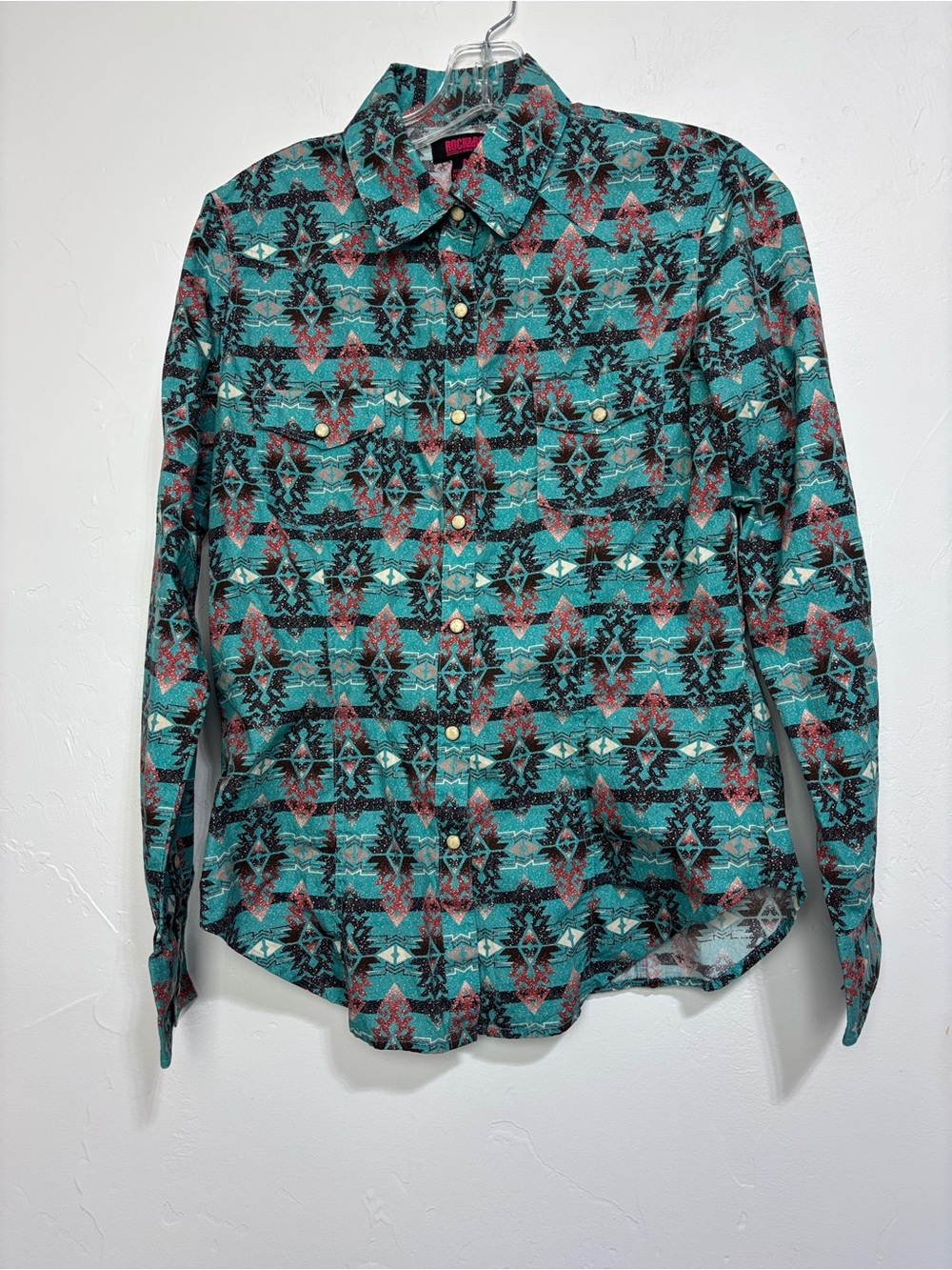 Rock & Roll Cowgirl Women's M Turquoise Aztec Western Geometric Snap-Up Shirt